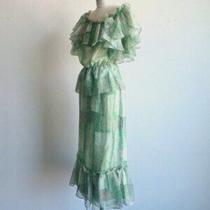 Vintage 70s Green Chiffon Ruffle 2pc Set
